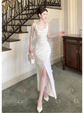 Niulatu Mermaid Straps White Slit Long Prom Dresses Evening Dress HZ1110
