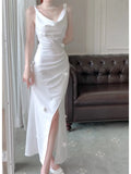 Niulatu Mermaid Straps White Slit Long Prom Dresses Evening Dress HZ1110