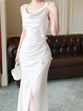 Niulatu Mermaid Straps White Slit Long Prom Dresses Evening Dress HZ1110