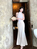 Niulatu Mermaid Halter Sleeveless White Chiffon Long Prom Dresses Evening Dress HZ1110