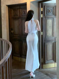 Niulatu Mermaid Halter Sleeveless White Chiffon Long Prom Dresses Evening Dress HZ1110