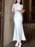 Niulatu Mermaid Halter Sleeveless White Chiffon Long Prom Dresses Evening Dress HZ1110