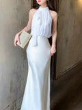 Niulatu Mermaid Halter Sleeveless White Chiffon Long Prom Dresses Evening Dress HZ1110