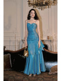 Niulatu Mermaid Spaghetti Straps Sleeveless Blue Long Prom Dresses Evening Dress HZ1110