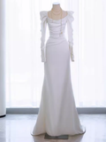 Niulatu Mermaid Long Sleeves White Satin Long Wedding Dresses HZ1110