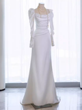 Niulatu Mermaid Long Sleeves White Satin Long Wedding Dresses HZ1110