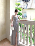 Niulatu Mermaid Straps Gray Satin Slit Long Prom Dresses Evening Dress HZ1110