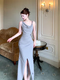 Niulatu Mermaid Straps Gray Satin Slit Long Prom Dresses Evening Dress HZ1110