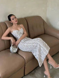 Niulatu Sheath Spaghetti Straps White Lace Ankle Length Prom Dresses Evening Dress HZ1110