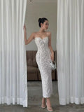 Niulatu Sheath Spaghetti Straps White Lace Ankle Length Prom Dresses Evening Dress HZ1110