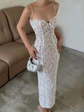 Niulatu Sheath Spaghetti Straps White Lace Ankle Length Prom Dresses Evening Dress HZ1110
