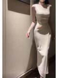 Niulatu Sheath Ivory Satin Slit Ankle Length Prom Dresses Evening Dress HZ1110