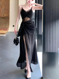 Niulatu Sheath Spaghetti Straps Black Ankle Length Prom Dresses Evening Dress HZ1110