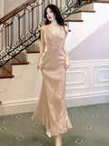 Niulatu Mermaid V Neckline Sequin Champagne Long Prom Dresses Evening Dress HZ1110
