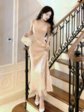 Niulatu Mermaid V Neckline Sequin Champagne Long Prom Dresses Evening Dress HZ1110