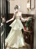 Niulatu A Line Spaghetti Straps Ivory Long Prom Dresses Evening Dress With Layers HZ1110