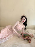 Niulatu A Line Strapless Pink Floral Knee Length Prom Dresses Evening Dress HZ1110