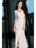 Niulatu Sheath Straps Sleeveless Ivory Satin Knee Length Prom Dresses Evening Dress HZ1110