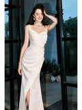 Niulatu Sheath Straps Sleeveless Ivory Satin Knee Length Prom Dresses Evening Dress HZ1110