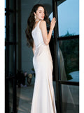 Niulatu Sheath Straps Sleeveless Ivory Satin Knee Length Prom Dresses Evening Dress HZ1110