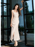 Niulatu Sheath Straps Sleeveless Ivory Satin Knee Length Prom Dresses Evening Dress HZ1110