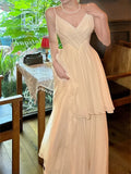 Niulatu A Line Spaghetti Straps Ivory Chiffon Long Prom Dresses Evening Dress With Layers HZ1110
