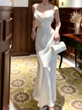 Niulatu Sheath Spaghetti Straps Sleeveless White Long Prom Dresses Evening Dress HZ1110
