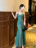 Niulatu Sheath Spaghetti Straps Sleeveless Green Long Prom Dresses Evening Dress HZ1110