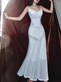Niulatu Sheath Spaghetti Straps Sleeveless White Long Prom Dresses With Silver Beads Evening Dress HZ1110