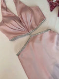 Niulatu Sheath Halter Sleeveless Pink Long Prom Dresses With Silver Beads Evening Dress HZ1110