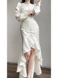 Niulatu High Low V Neckline Ankle Length White Prom Dresses Evening Dress HZ1110