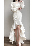 Niulatu High Low V Neckline Ankle Length White Prom Dresses Evening Dress HZ1110