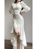 Niulatu High Low V Neckline Ankle Length White Prom Dresses Evening Dress HZ1110