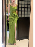 Niulatu Sheath Spaghetti Straps Sleeveless Green Slit Prom Dresses Evening Dress HZ1110