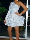 Niulatu Sequin Short A Line One Shoulder African Women Formal Long Sleeve Homecoming Dress Birthday Outfit HZ1110