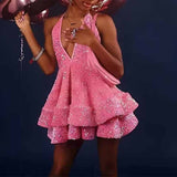 Niulatu Prom Dresses Short Sequin Halter Tiered Glitter Homecoming Dresses HZ1110