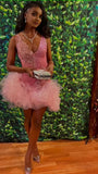 Niulatu V Neck Pink Short Homecoming Dress and Bottom Tulle Ruffles,Pink Birthday Outfit Dress HZ1110