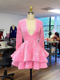 Niulatu Dresses A-Line V-Neck Long Sleeve Shiny Sequin Homecoming Dresses HZ1110