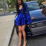 Niulatu Sleeves V-Neck Lace Prom Dress Sequins Blue Short Homecoming Dresses HZ1110