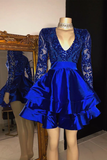 Niulatu Sleeves V-Neck Lace Prom Dress Sequins Blue Short Homecoming Dresses HZ1110
