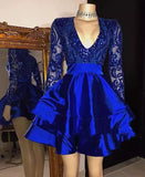 Niulatu Sleeves V-Neck Lace Prom Dress Sequins Blue Short Homecoming Dresses HZ1110