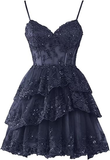 Niulatu Dresses for Teens Sparkly Tulle Lace Applique Tiered A-line Formal Short Mini Homecoming Dress HZ1110