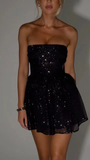 Niulatu V-neck A-line Mini Prom Dress With Bow Black Homecoming Dresses HZ1110