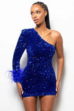 Niulatu One Shoulder Bodycon Velvet Feather Sequin Party Mini Dress Homecoming Dresses HZ1110