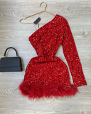 Niulatu One Shoulder Bodycon Velvet Feather Sequin Party Dress Red Homecoming Dresses HZ1110