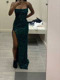 Niulatu Sheath Spaghetti Straps Green Sequin Slit Long Prom Dress HZ1110
