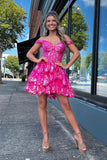 Niulatu A-Line Off the Shoulder Hot Pink Sequin Lace Short Homecoming Dresses HZ1110