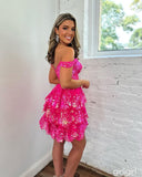 Niulatu A-Line Off the Shoulder Hot Pink Sequin Lace Short Homecoming Dresses HZ1110