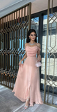 Niulatu A Line Off The Shoulder Strapless Pink Long Prom Dresses Evening Dress With Ruffles HZ1110