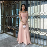 Niulatu A Line Off The Shoulder Strapless Pink Long Prom Dresses Evening Dress With Ruffles HZ1110